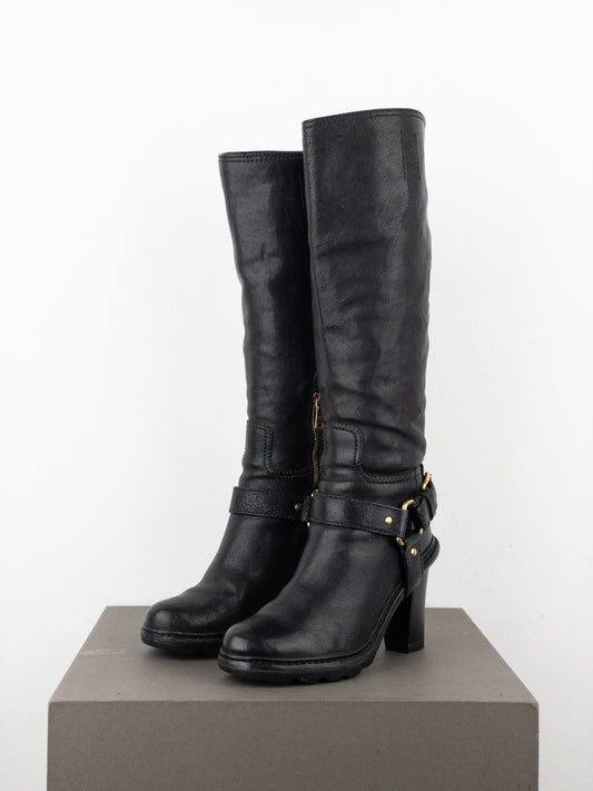 Prada 2000s Knee-High Buckle Biker Heel Boots
