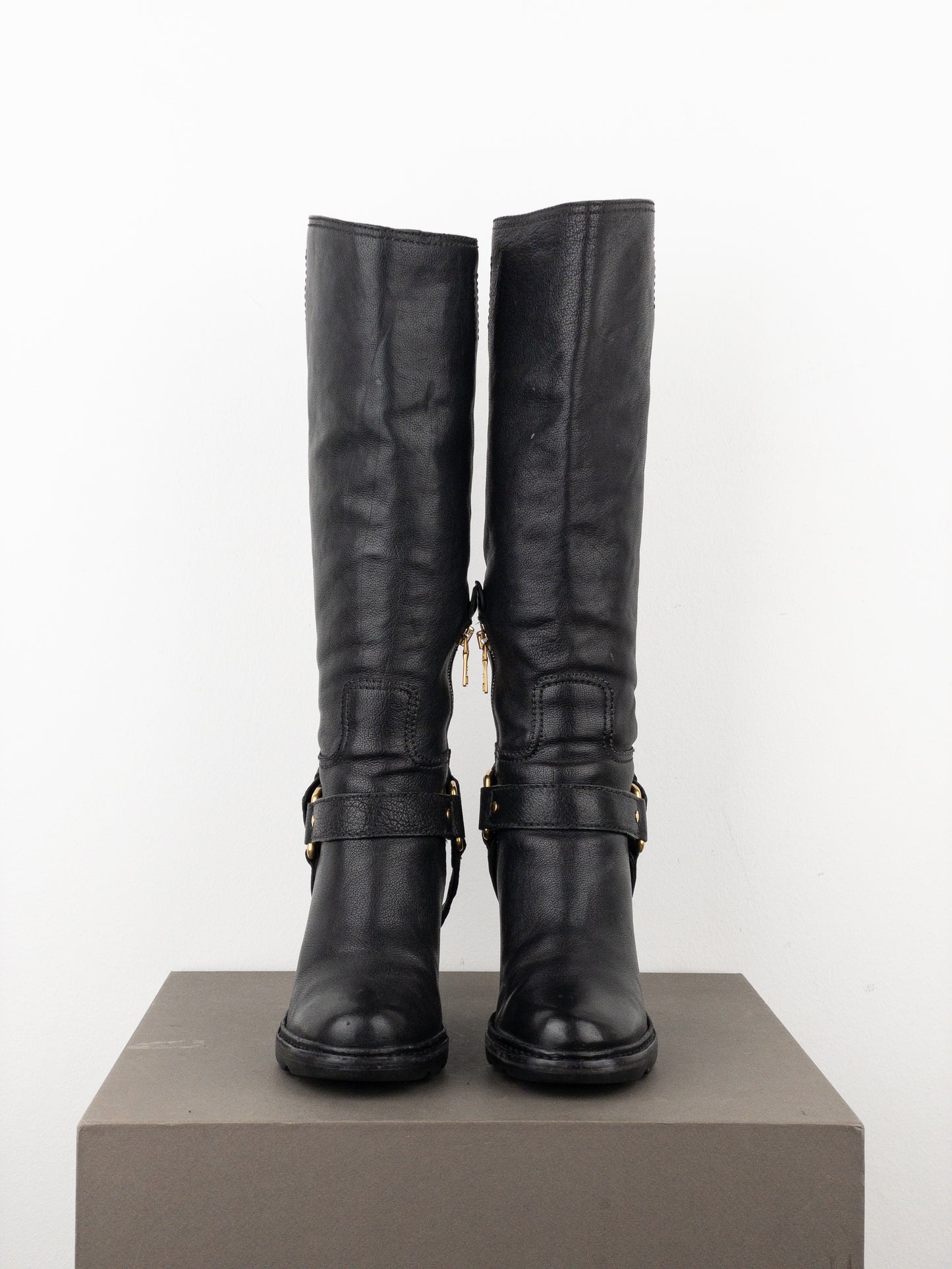 Prada 2000s Knee-High Buckle Biker Heel Boots