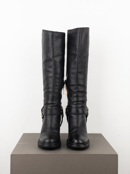 Prada 2000s Knee-High Buckle Biker Heel Boots