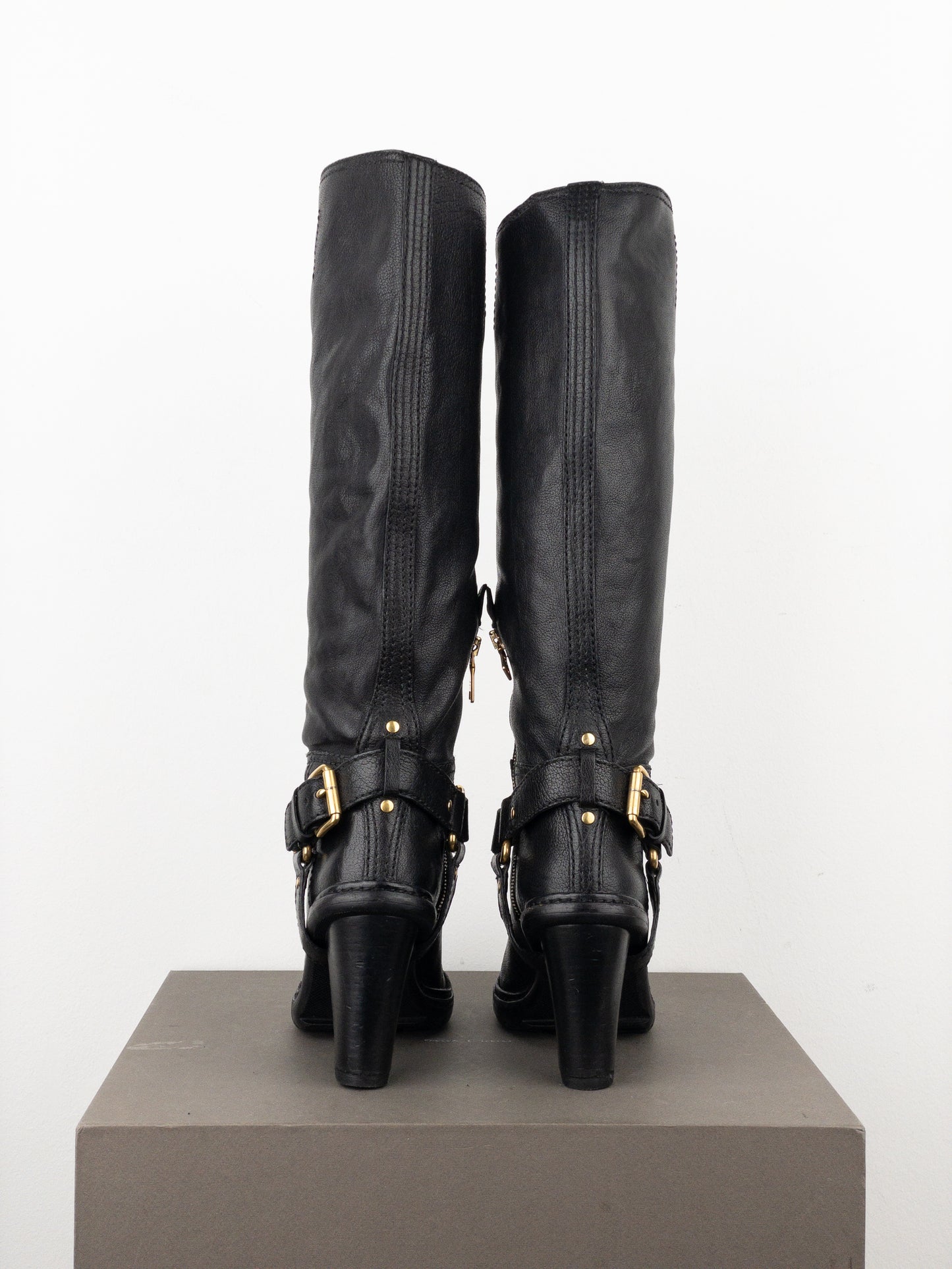 Prada 2000s Knee-High Buckle Biker Heel Boots