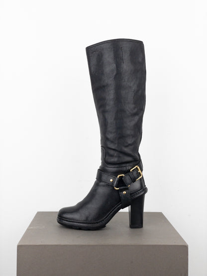 Prada 2000s Knee-High Buckle Biker Heel Boots