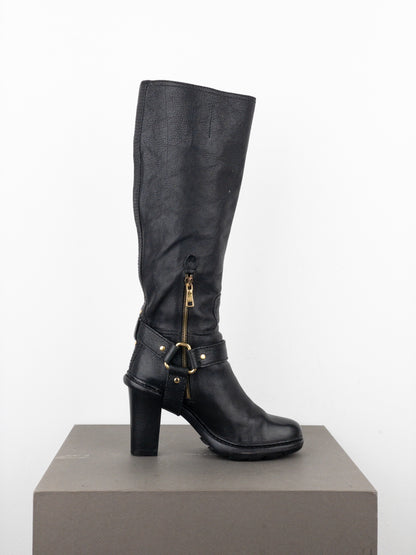 Prada 2000s Knee-High Buckle Biker Heel Boots