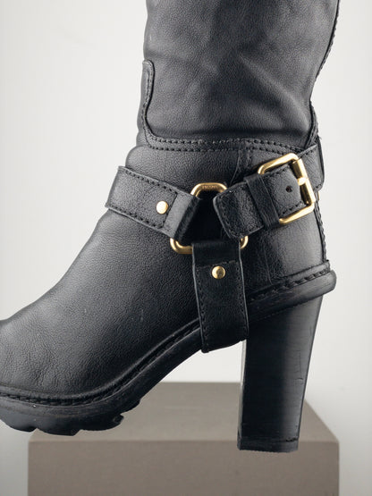 Prada 2000s Knee-High Buckle Biker Heel Boots