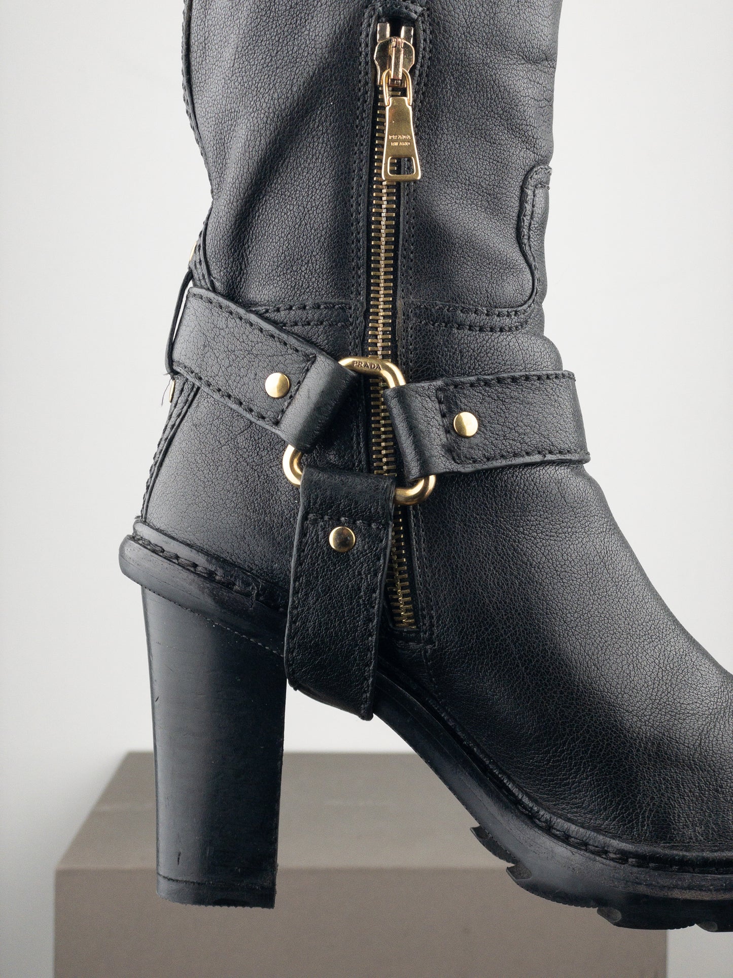 Prada 2000s Knee-High Buckle Biker Heel Boots