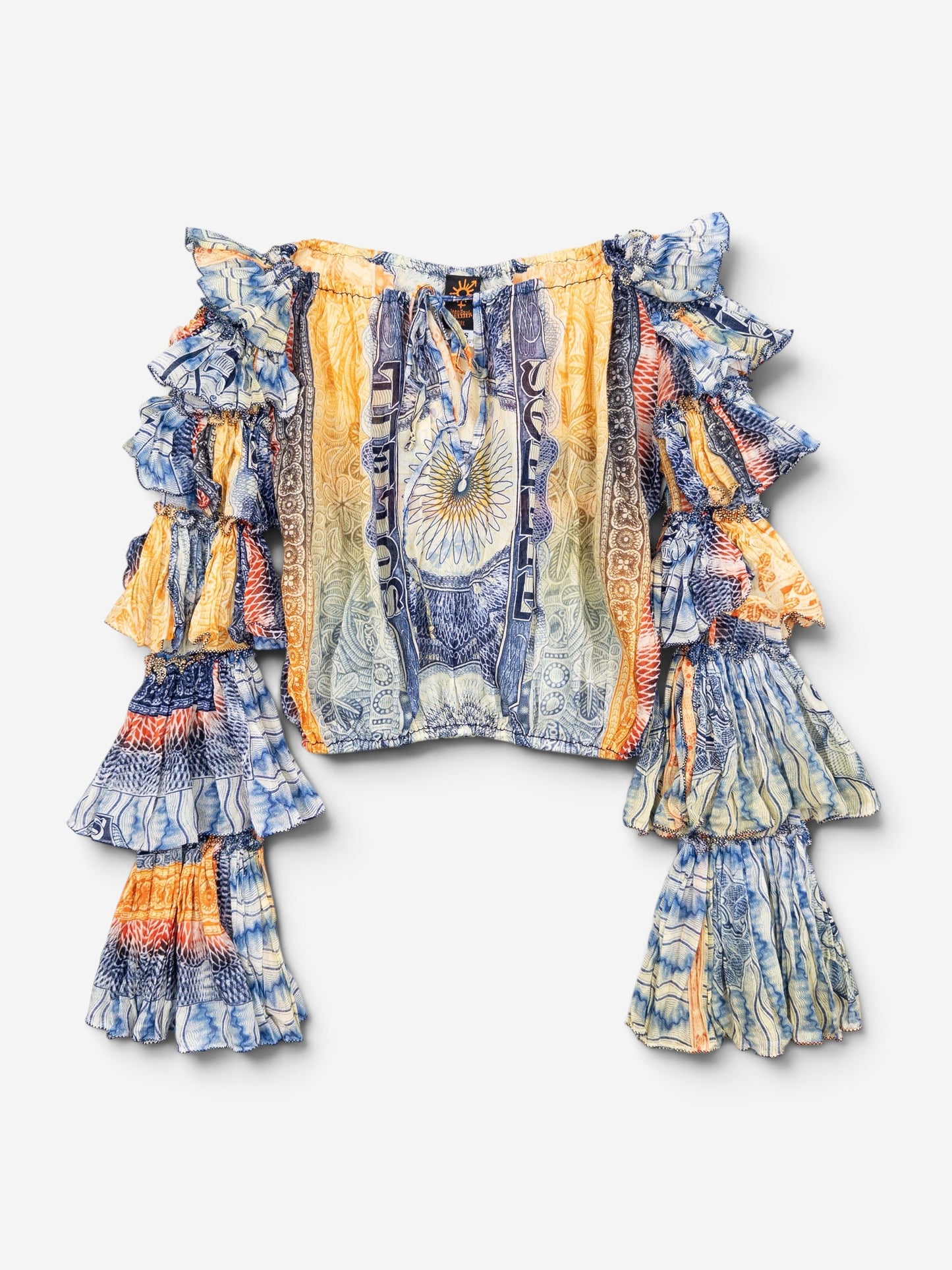 Jean Paul Gaultier SS94 Bank Note Money Print Ruffle Chiffon Longsleeve Crop Top – front view