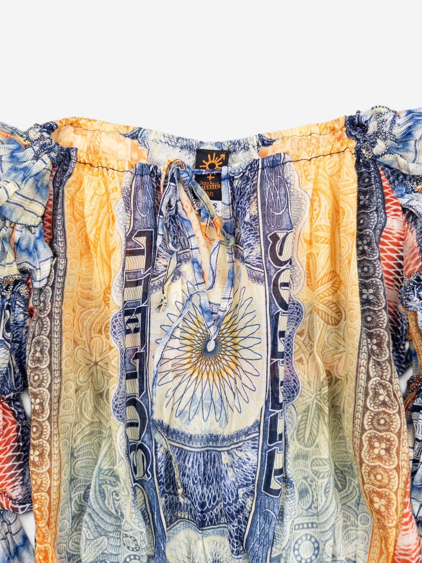 Jean Paul Gaultier SS94 Bank Note Money Print Ruffle Chiffon Longsleeve Crop Top – neckline detail
