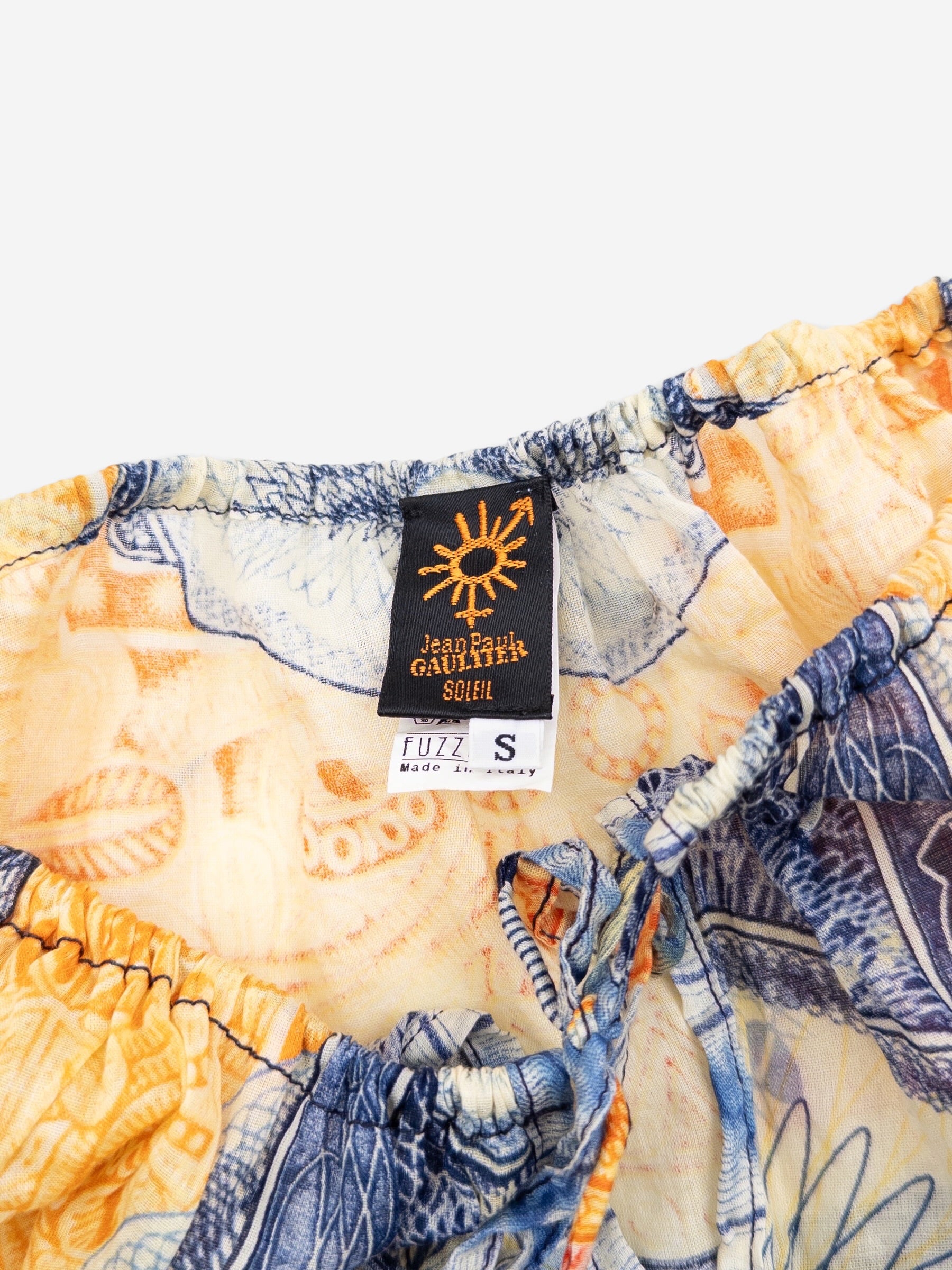 Jean Paul Gaultier SS94 Bank Note Money Print Ruffle Chiffon Longsleeve Crop Top – brand label