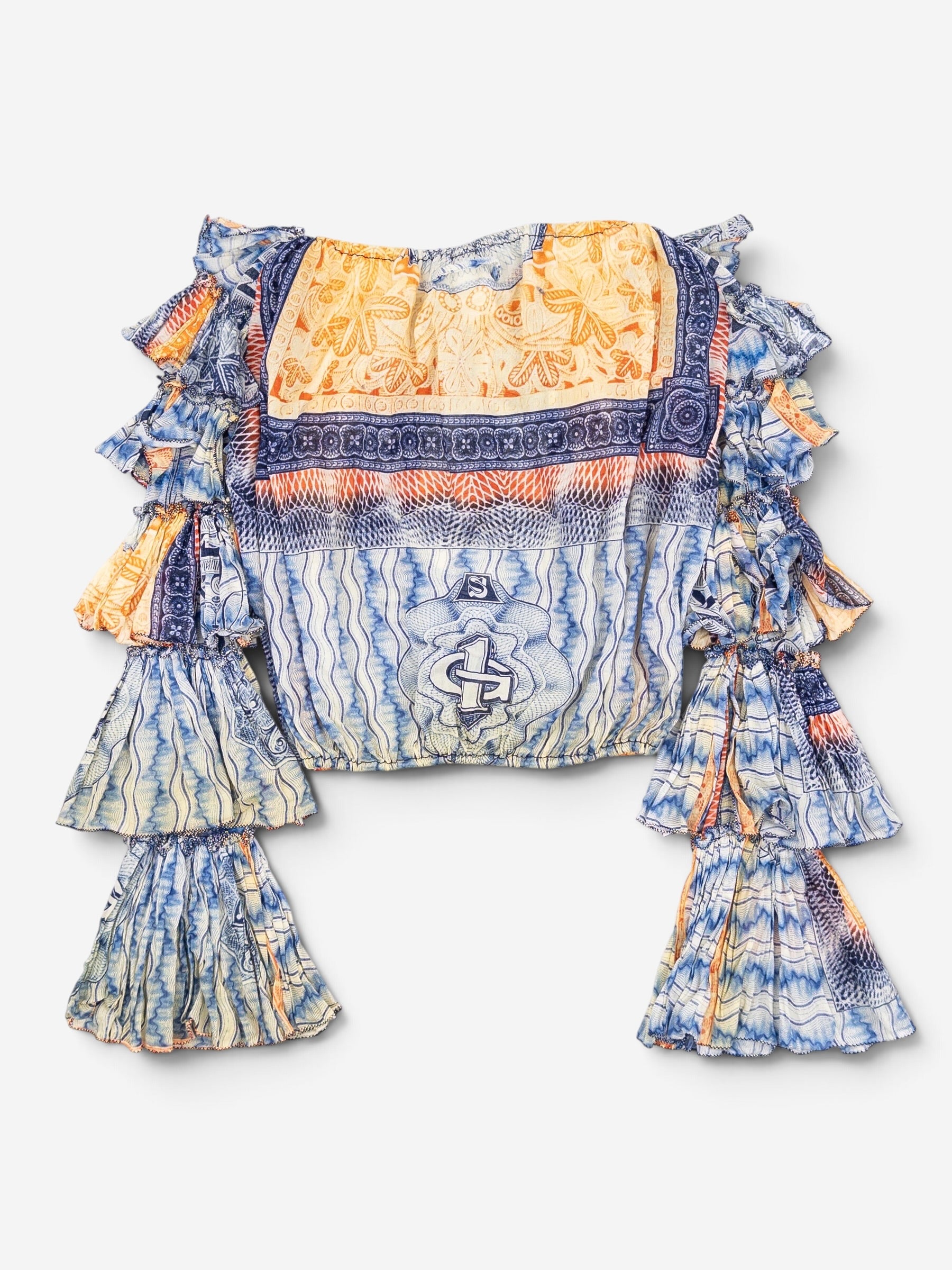 Jean Paul Gaultier SS94 Bank Note Money Print Ruffle Chiffon Longsleeve Crop Top – back view