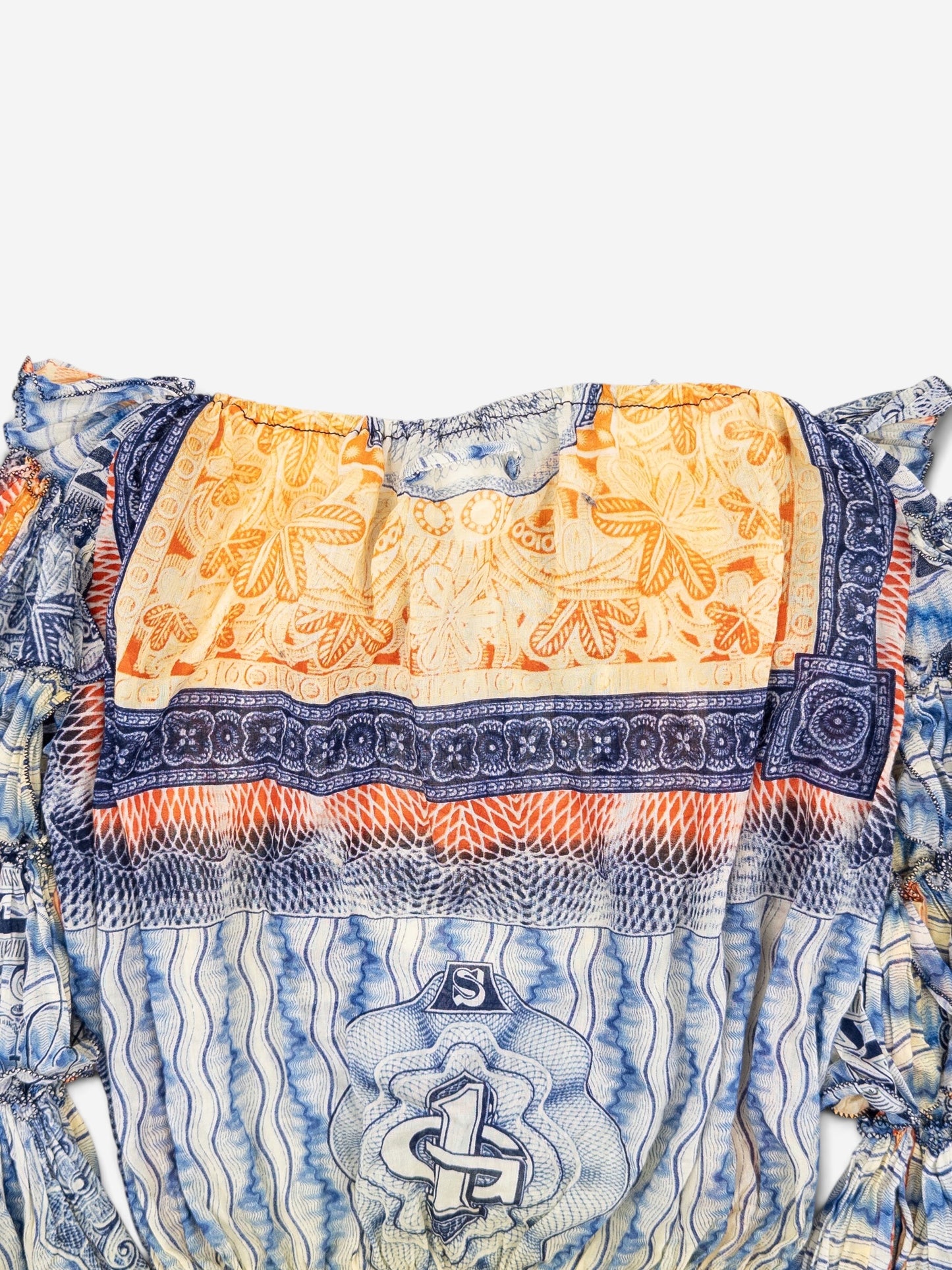 Jean Paul Gaultier SS94 Bank Note Money Print Ruffle Chiffon Longsleeve Crop Top – back print detail
