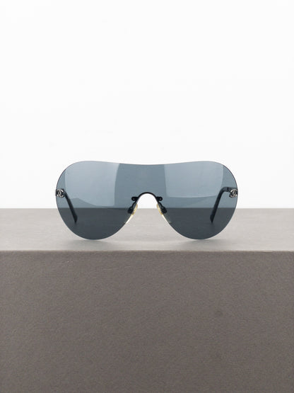 Chanel 2000s ‘108/87’ CC Rimless Aviator Wrap Mask Shield Sunglasses