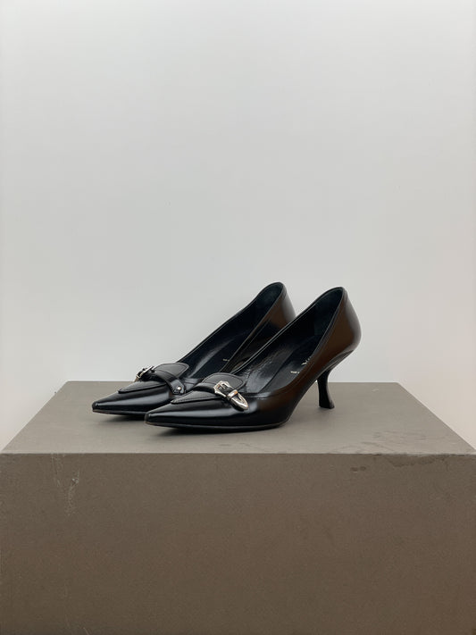 Prada 2000s Pointed Toe Buckle Kitten Heel Pumps