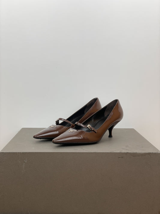 Prada 2000s Pointed Toe Mary Jane Logo Kitten Heels