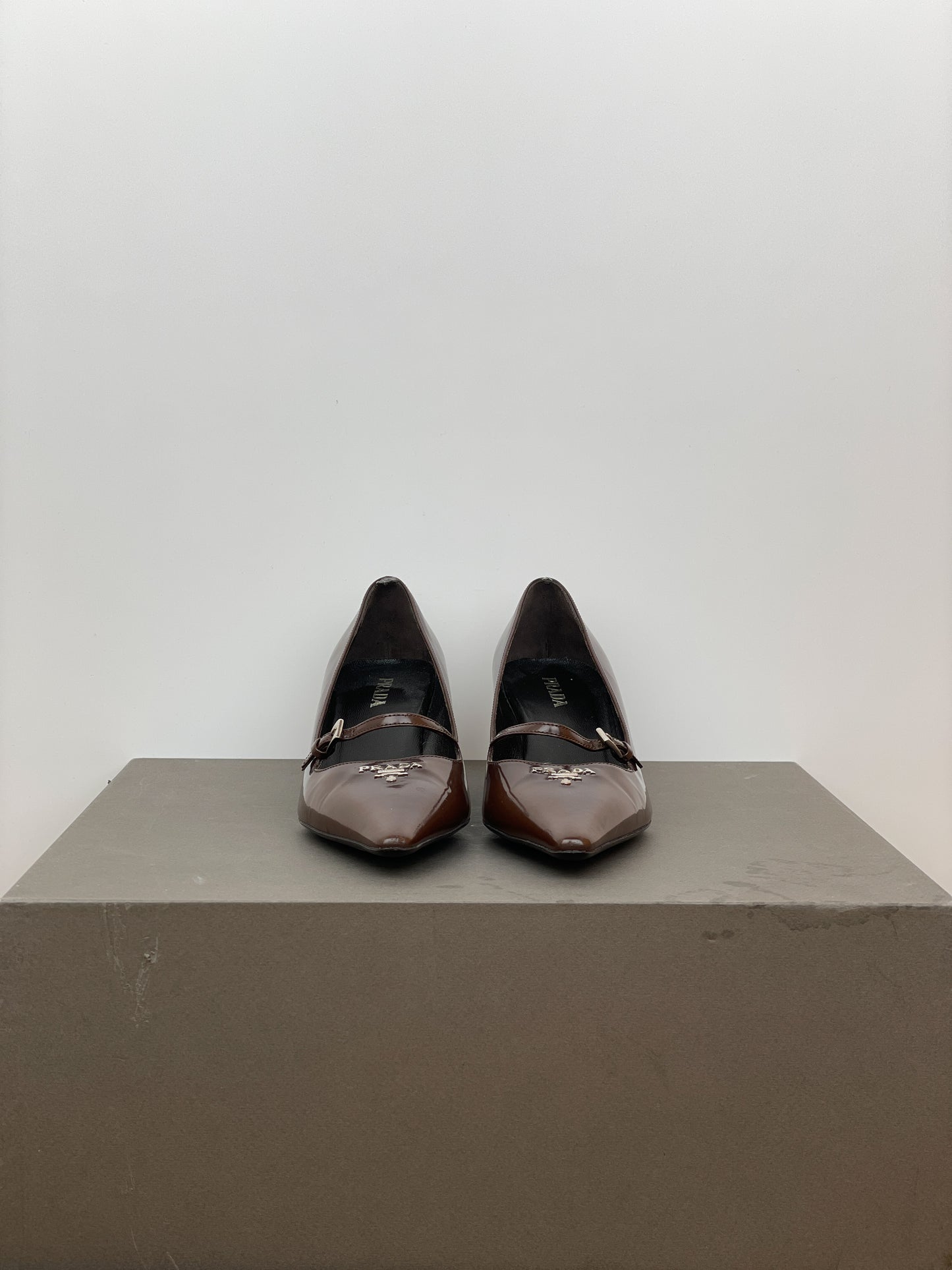 Prada 2000s Pointed Toe Mary Jane Logo Kitten Heels