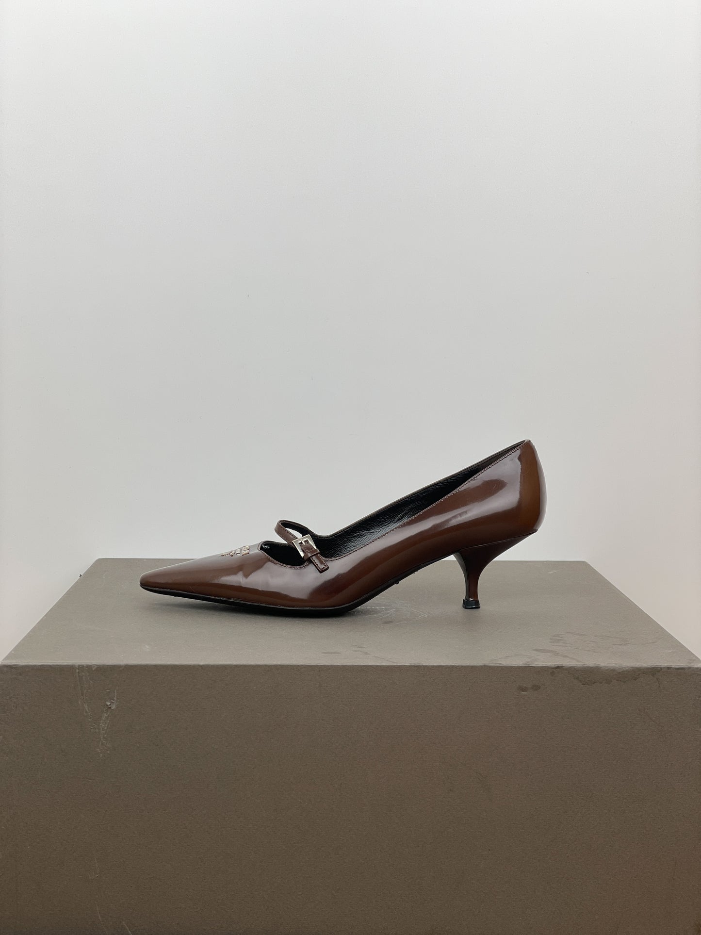 Prada 2000s Pointed Toe Mary Jane Logo Kitten Heels