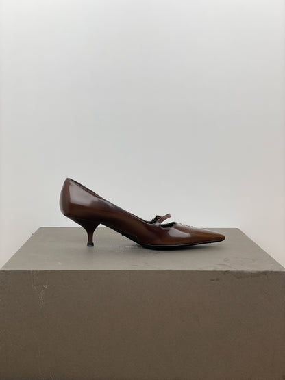 Prada 2000s Pointed Toe Mary Jane Logo Kitten Heels