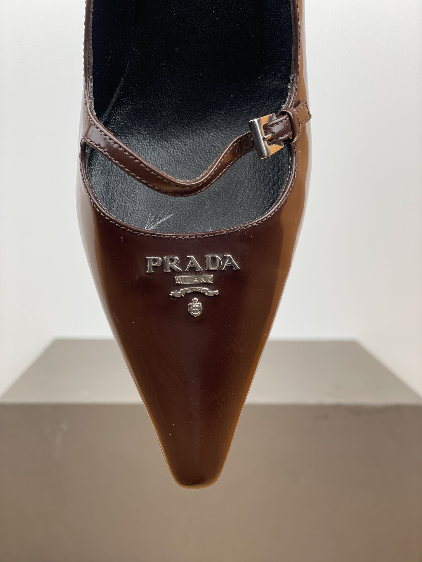 Prada 2000s Pointed Toe Mary Jane Logo Kitten Heels