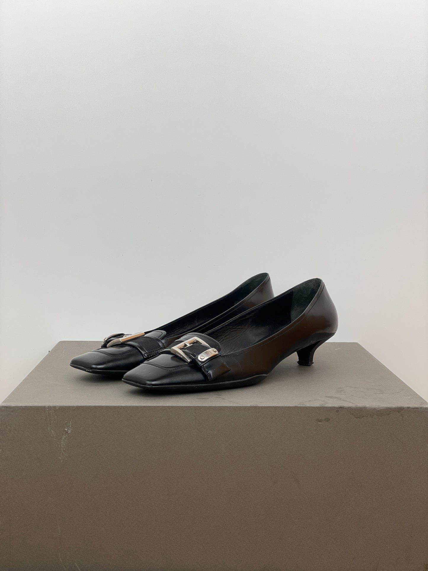 Prada 2000s Square-Toe Buckle-Strap Loafer Kitten Heels