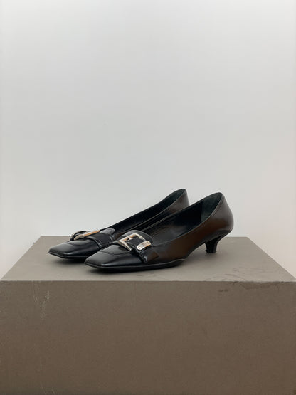 Prada 2000s Square-Toe Buckle-Strap Loafer Kitten Heels