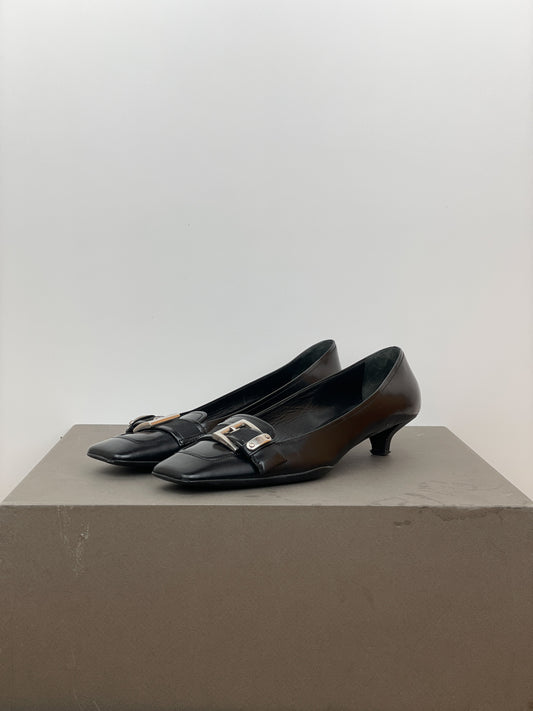 Prada 2000s Square-Toe Buckle-Strap Loafer Kitten Heels