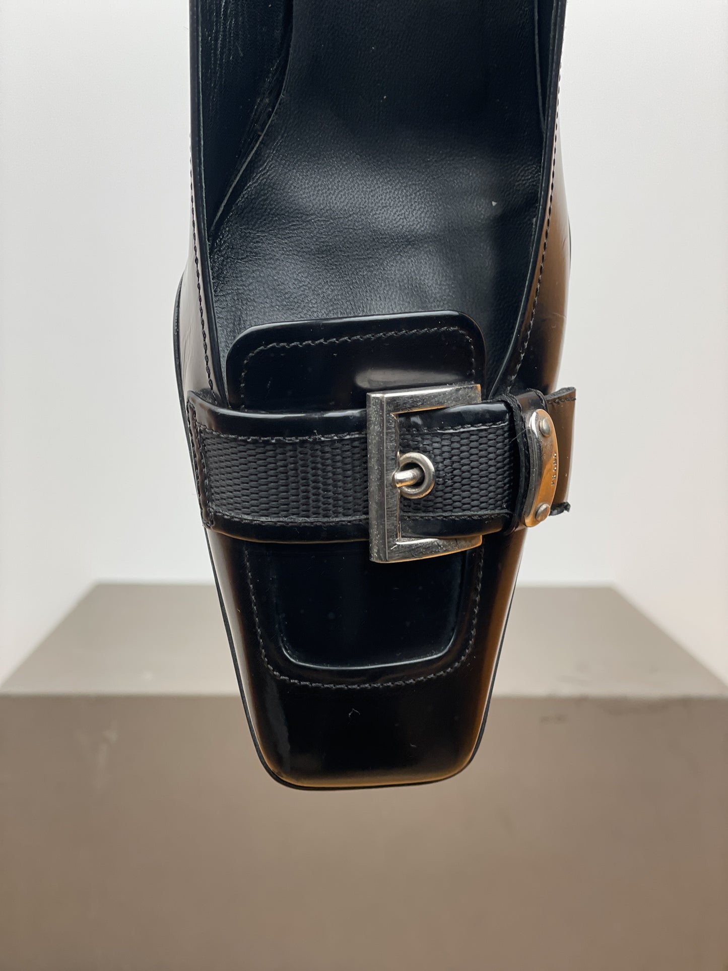 Prada 2000s Square-Toe Buckle-Strap Loafer Kitten Heels