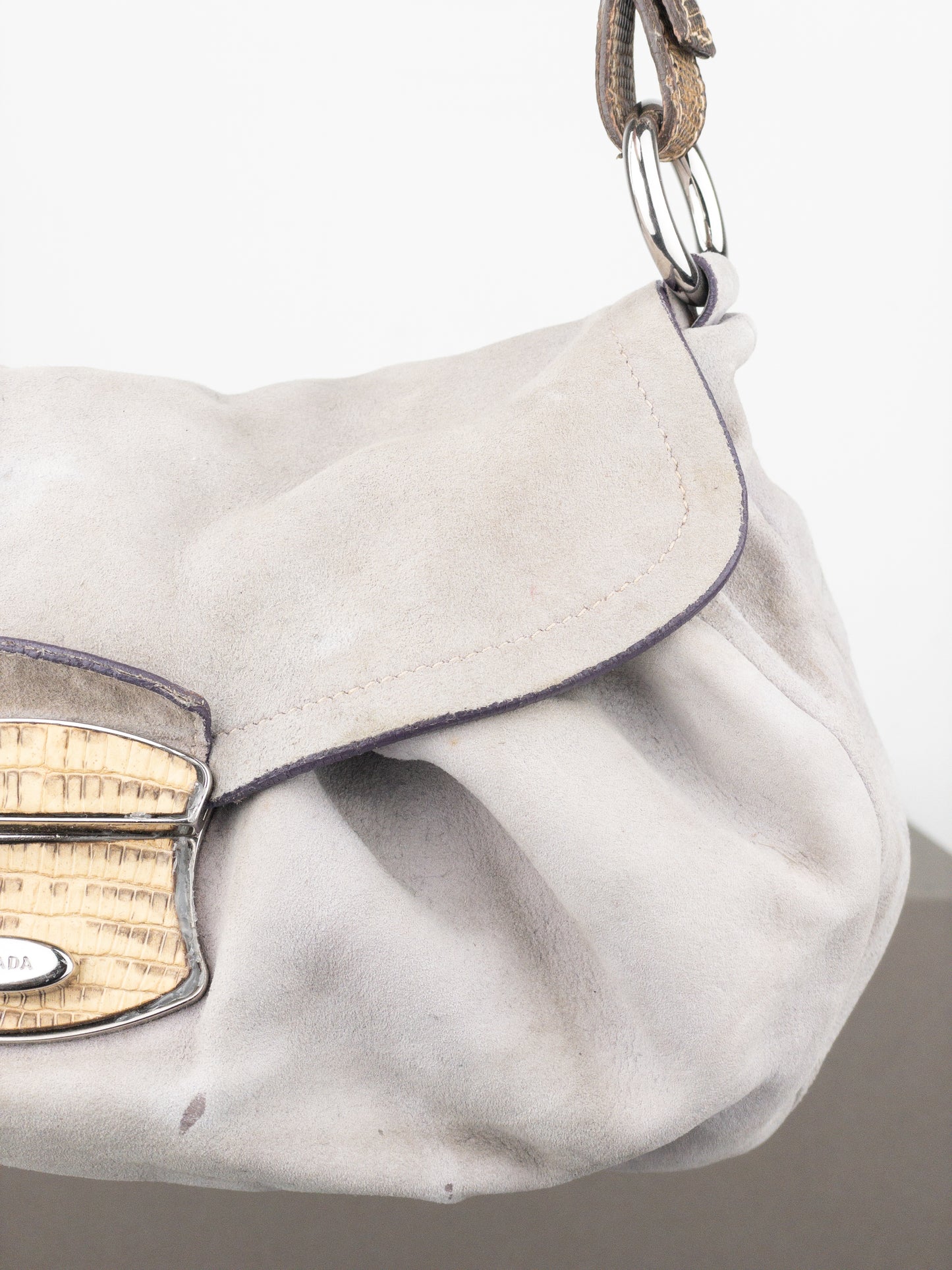 Prada 2000s Suede Lizard Buckle Hobo Shoulder Bag
