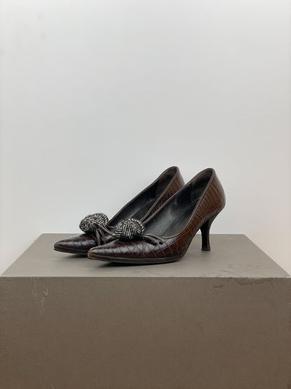 Prada 2000s Pointed-Toe Crocodile Print Kitten Heels