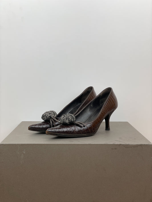 Prada 2000s Pointed-Toe Crocodile Print Kitten Heels