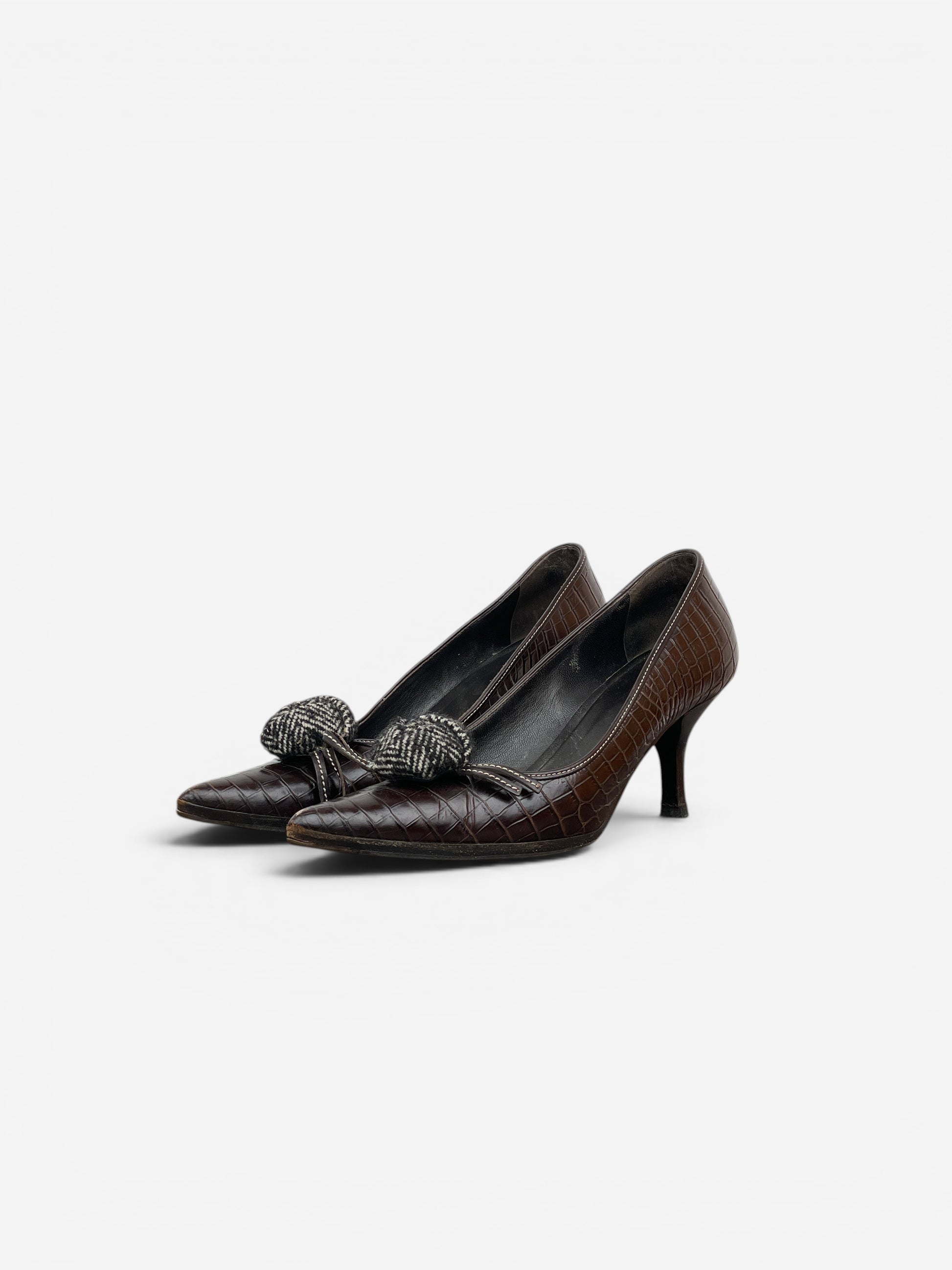 Prada 2000s Pointed-Toe Crocodile Print Kitten Heels