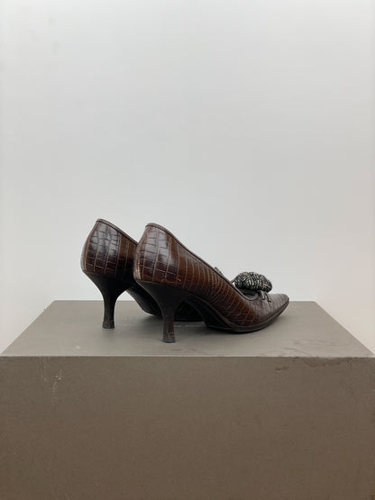 Prada 2000s Pointed-Toe Crocodile Print Kitten Heels