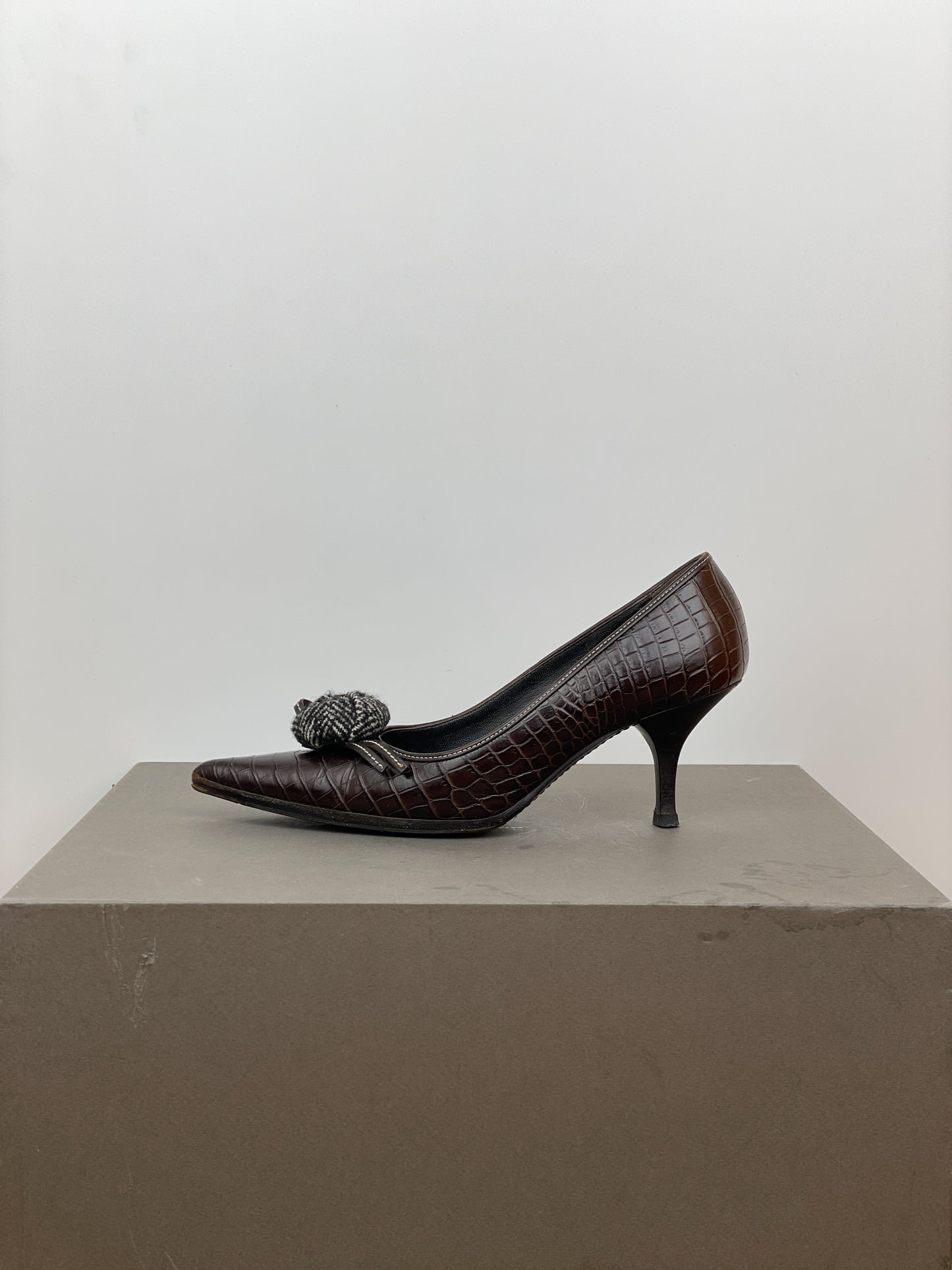 Prada 2000s Pointed-Toe Crocodile Print Kitten Heels