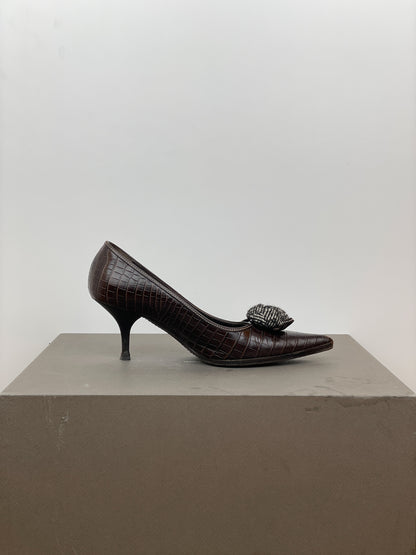 Prada 2000s Pointed-Toe Crocodile Print Kitten Heels