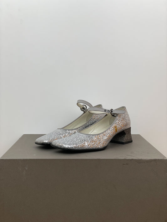 Miu Miu AW98 Square-Toe Mary-Jane Sculptural Glitter Pumps