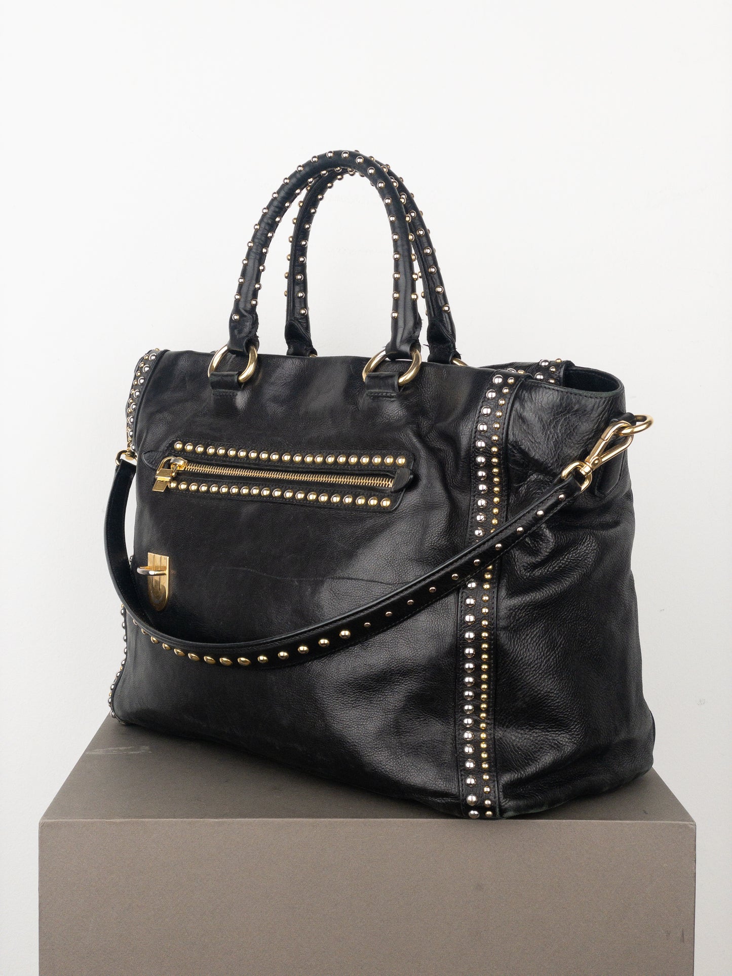 Prada 2000s Studded Leather Shopper Tote Handbag