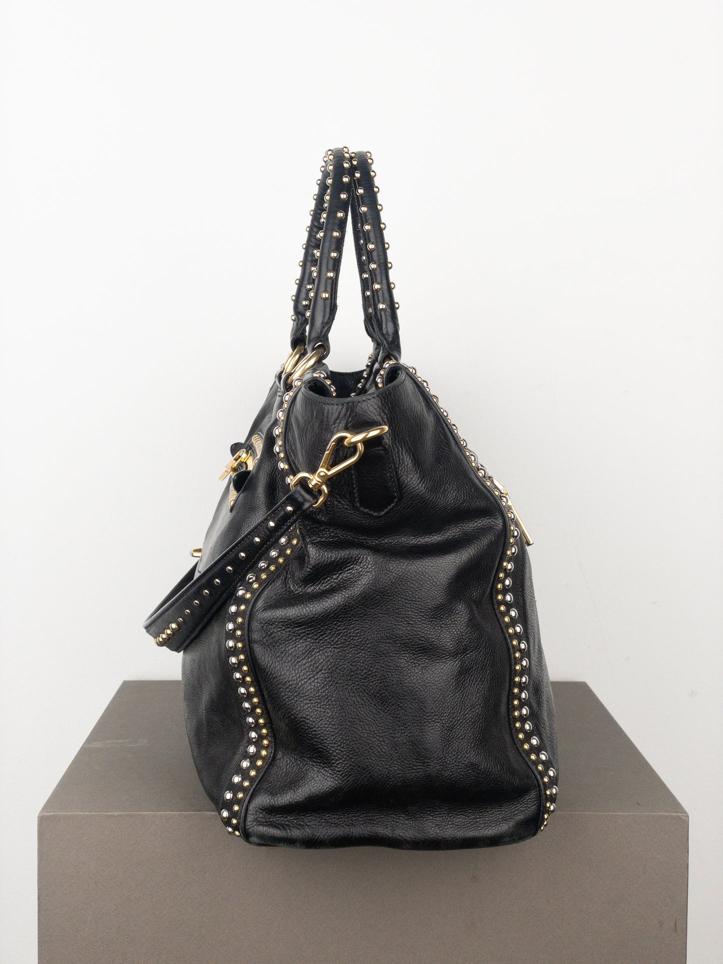 Prada 2000s Studded Leather Shopper Tote Handbag