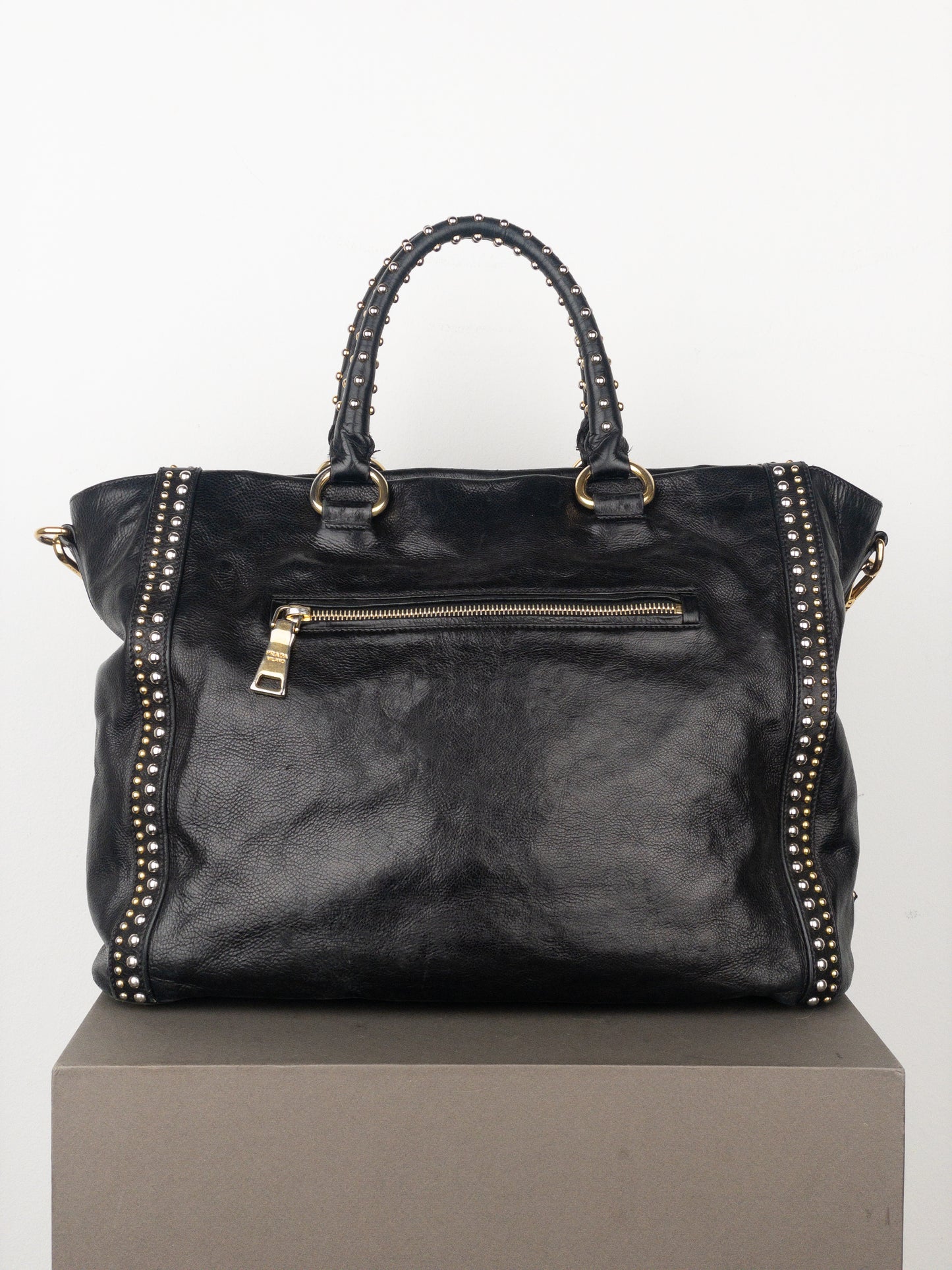 Prada 2000s Studded Leather Shopper Tote Handbag