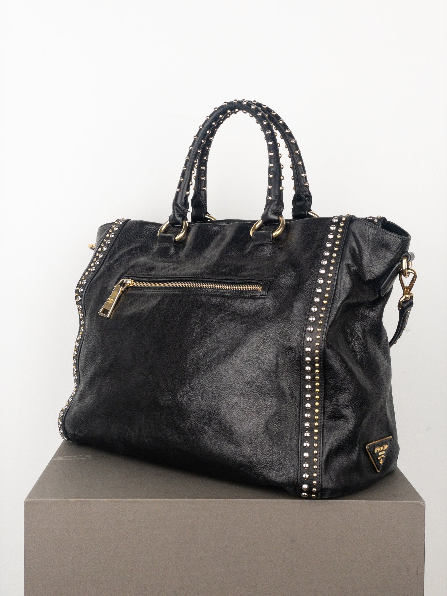 Prada 2000s Studded Leather Shopper Tote Handbag