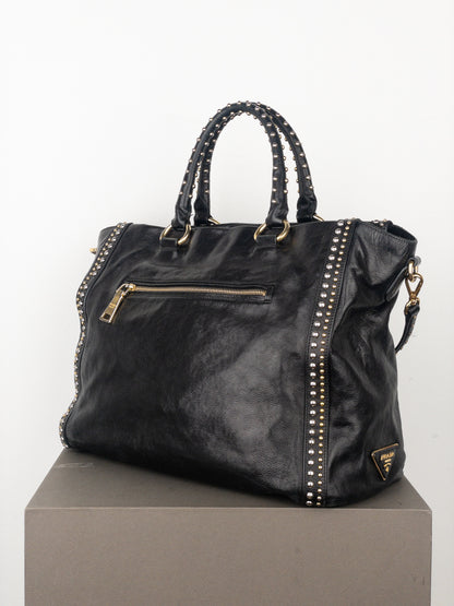 Prada 2000s Studded Leather Shopper Tote Handbag