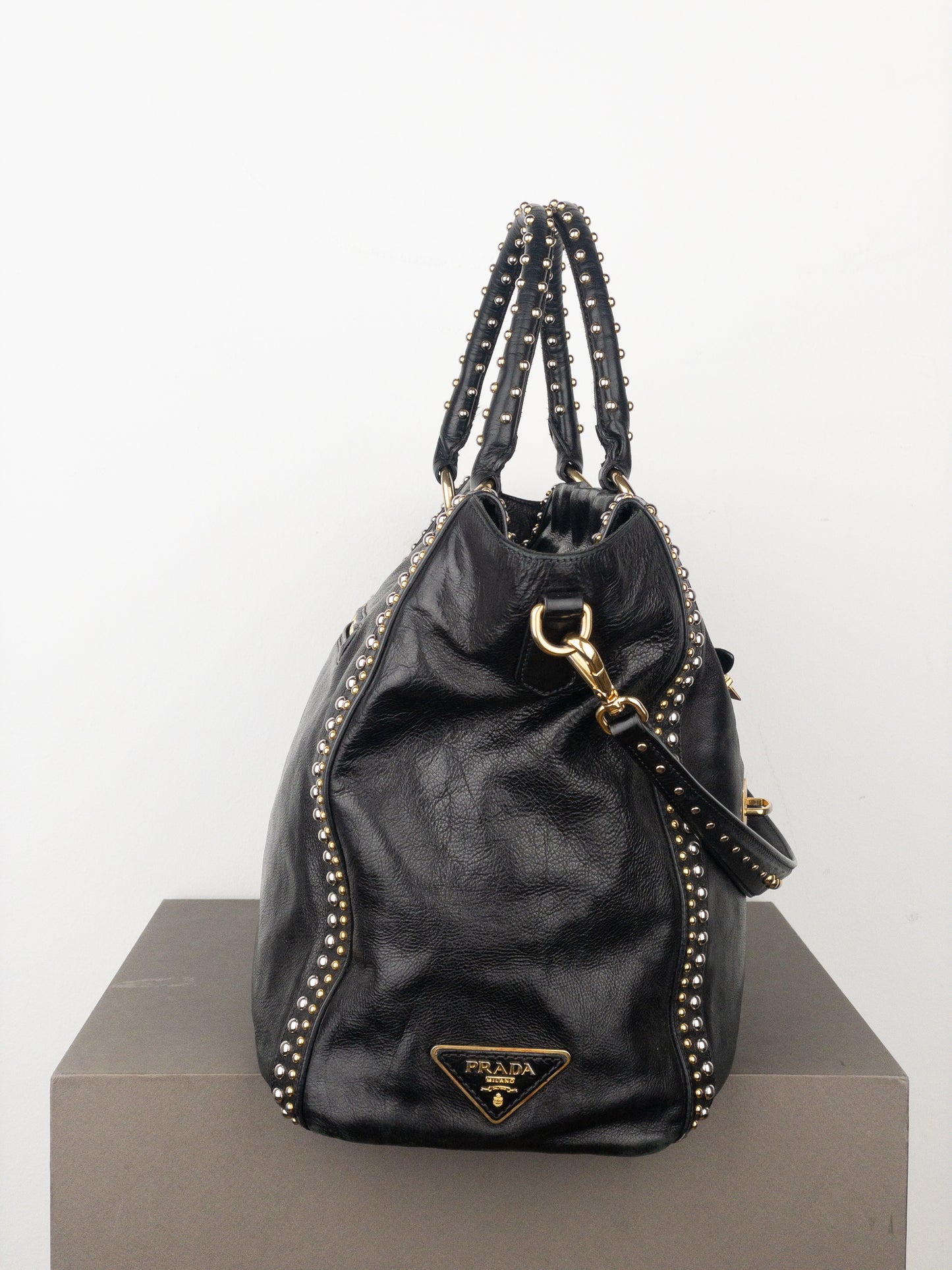 Prada 2000s Studded Leather Shopper Tote Handbag