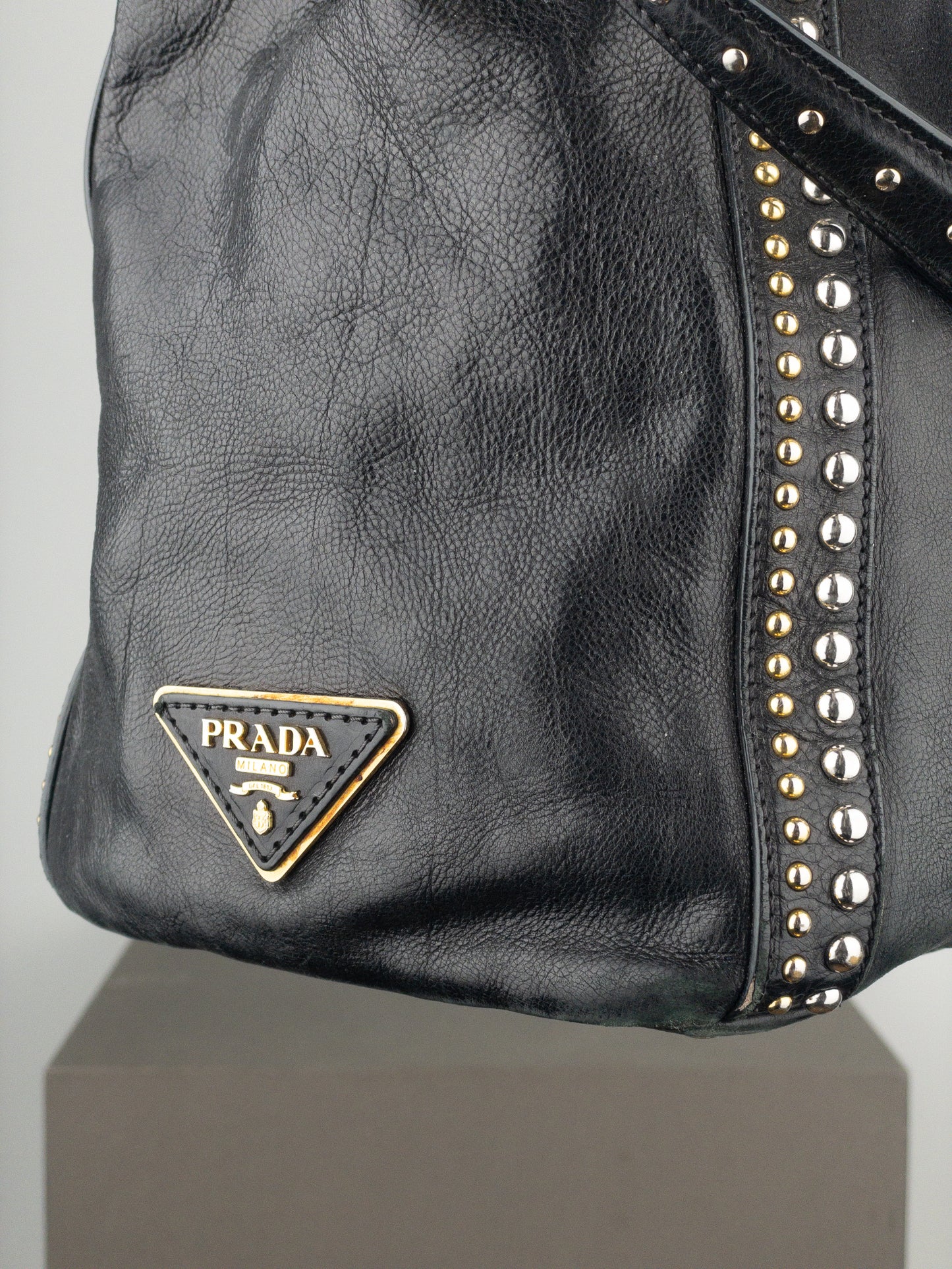 Prada 2000s Studded Leather Shopper Tote Handbag