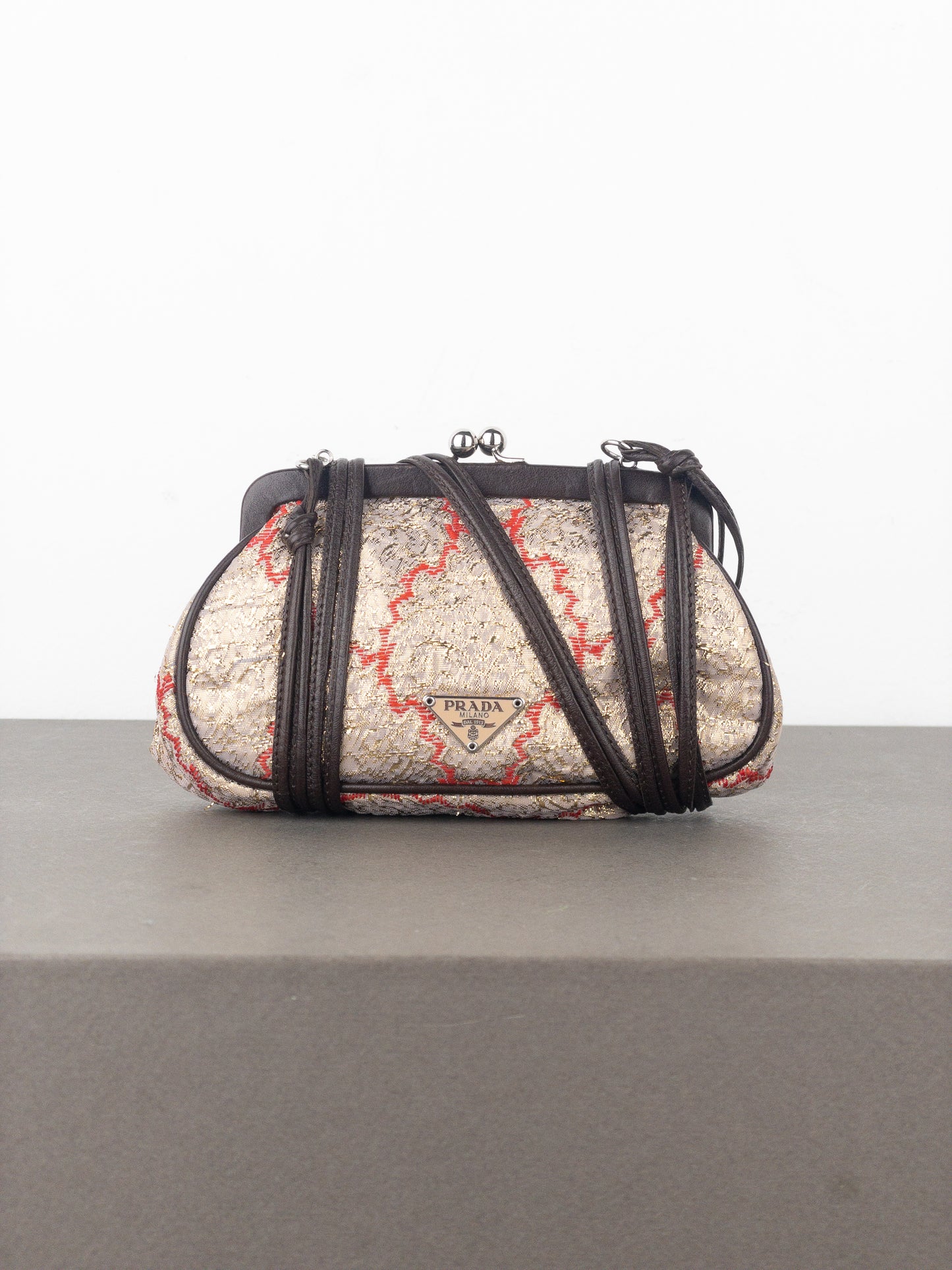 Prada SS02 Gold-Colored Silk Brocade Mini Clasp Pochette Crossbody Bag