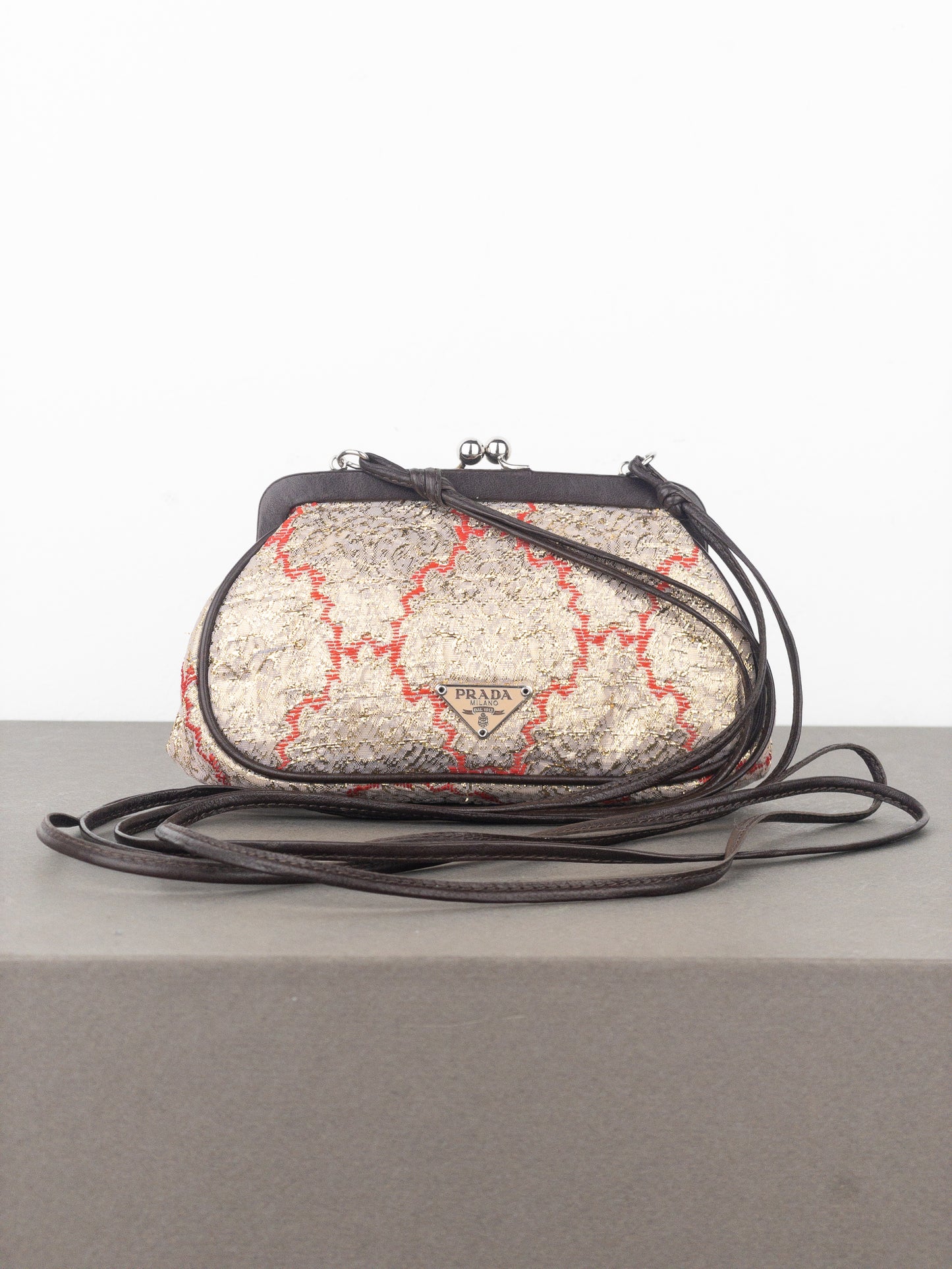 Prada SS02 Gold-Colored Silk Brocade Mini Clasp Pochette Crossbody Bag