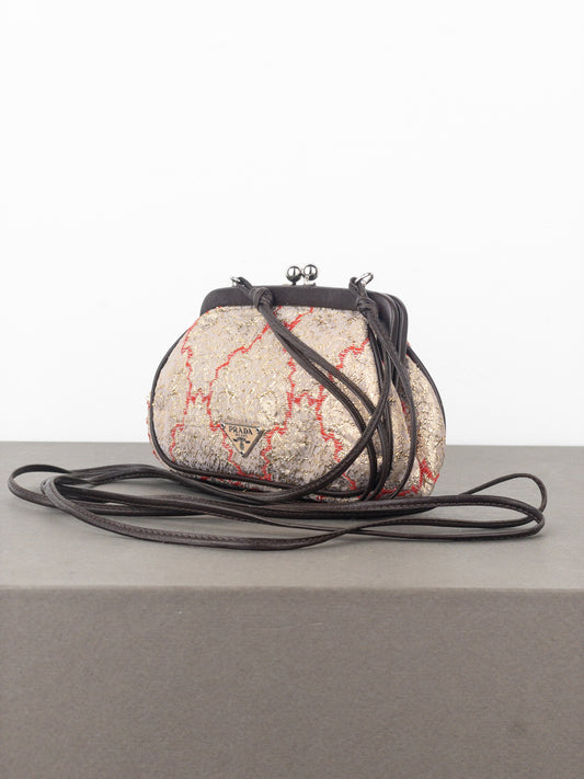 Prada SS02 Gold-Colored Silk Brocade Mini Clasp Pochette Crossbody Bag