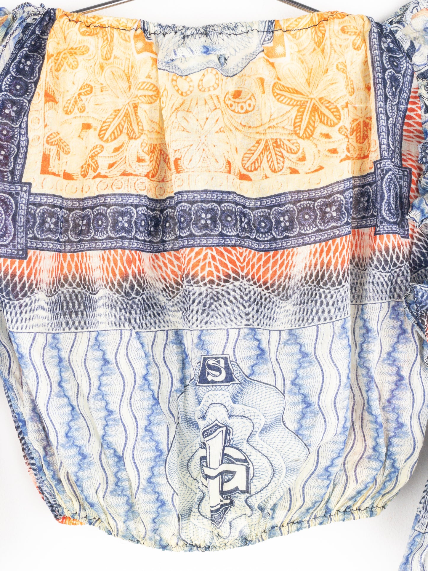 Jean Paul Gaultier SS94 Bank Note Money Print Ruffle Chiffon Longsleeve Crop Top