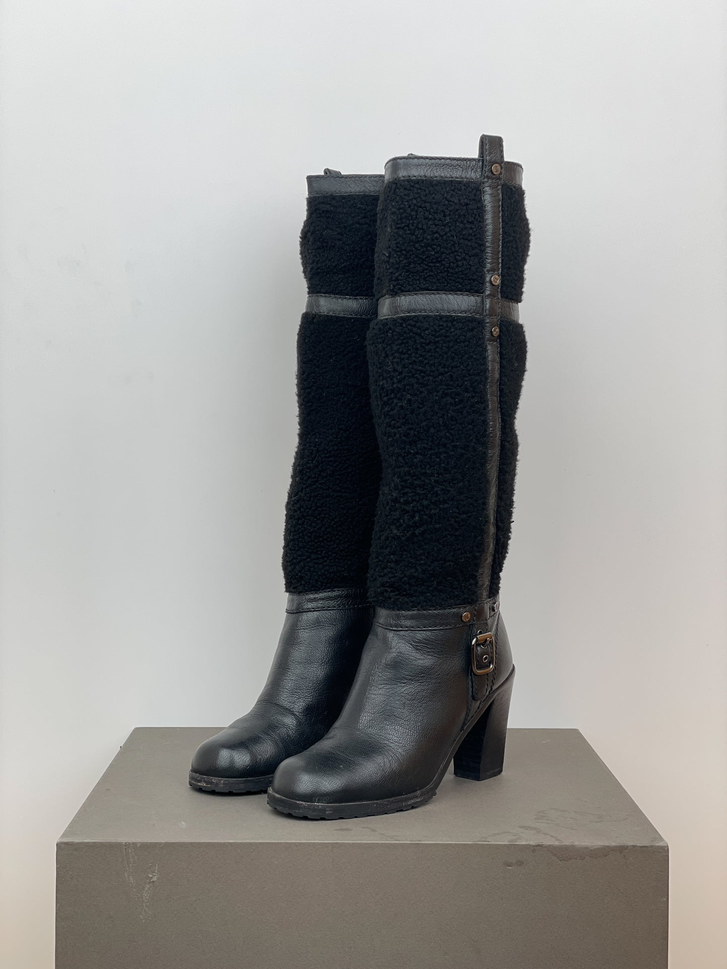 Celine Knee-High Shearling ‘Claude’ Biker Heel Boots