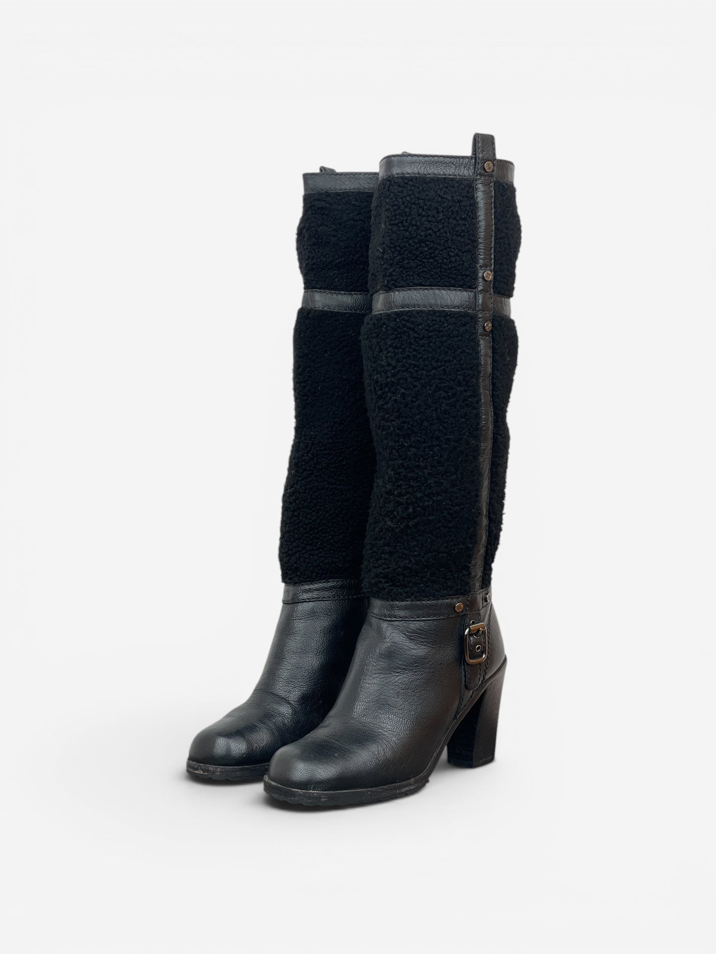Celine Knee-High Shearling ‘Claude’ Biker Heel Boots