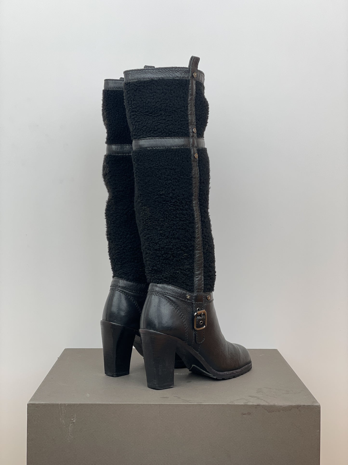 Celine Knee-High Shearling ‘Claude’ Biker Heel Boots