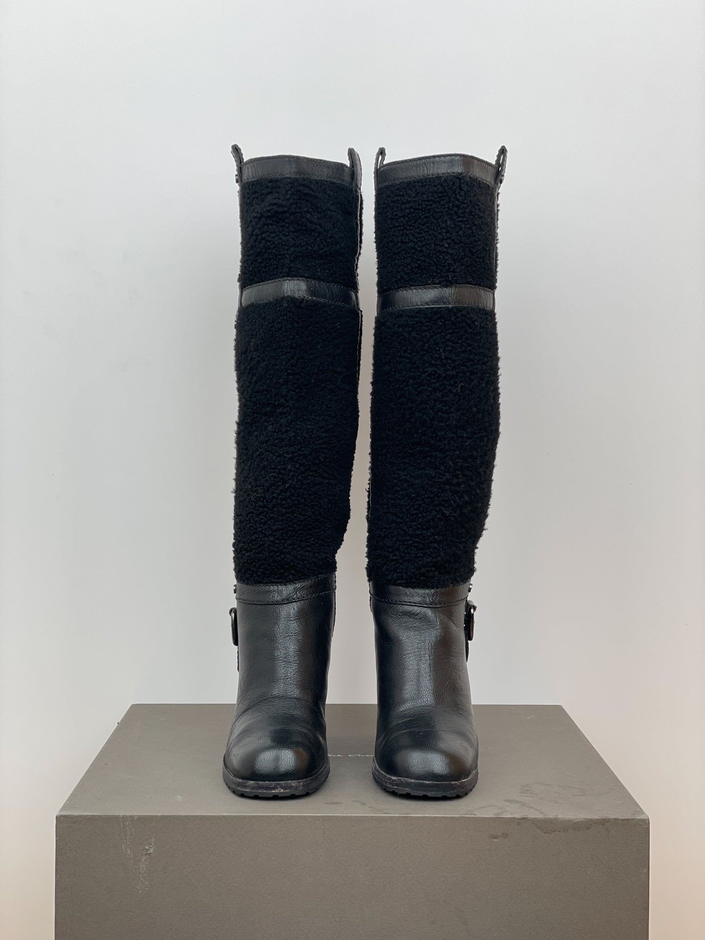 Celine Knee-High Shearling ‘Claude’ Biker Heel Boots