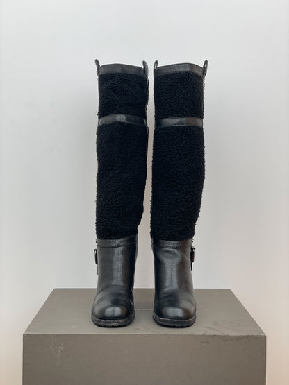 Celine Knee-High Shearling ‘Claude’ Biker Heel Boots