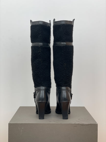 Celine Knee-High Shearling ‘Claude’ Biker Heel Boots