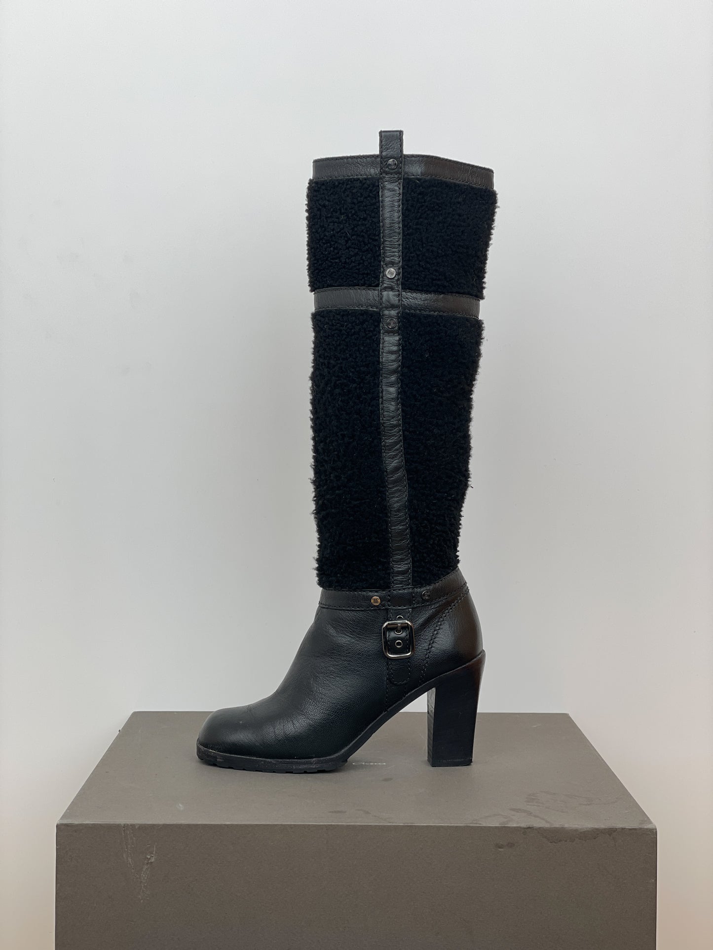 Celine Knee-High Shearling ‘Claude’ Biker Heel Boots